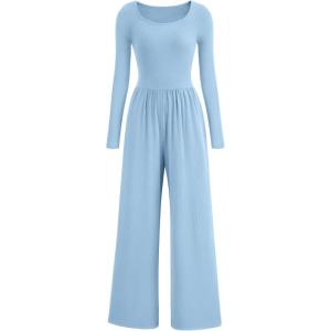 imagePRETTYGARDEN Womens Jumpsuits Dressy Casual Fall Fashion 2025 Trendy Long Sleeve Wide Leg Rompers Spring Work Office OutfitsLight Blue
