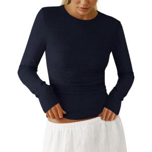 imagePRETTYGARDEN Womens Long Sleeve Shirts 2025 Ribbed Knit Slim Fitted Basic Tee Casual Going Out Tops Underscrubs Fall ClothingNavy Blue