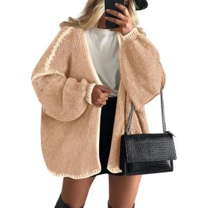 imagePRETTYGARDEN Womens Oversized Cardigan Sweaters 2025 Fall Long Lantern Sleeve Knit Open Front Lightweight SweaterStyle2apricot