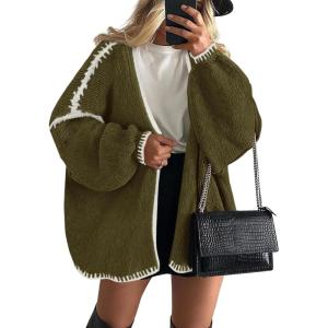 imagePRETTYGARDEN Womens Oversized Cardigan Sweaters 2025 Fall Long Lantern Sleeve Knit Open Front Lightweight SweaterStyle2army Green