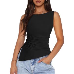 imagePRETTYGARDEN Womens Ruched Tank Tops 2025 Summer Sleeveless Slim Fit T Shirts Blouses Going Out Y2K Fashion ClothesBlack
