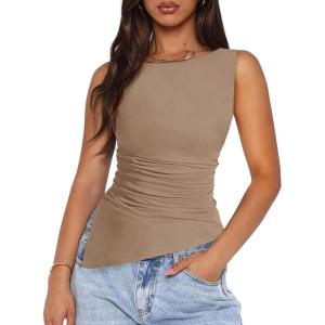 imagePRETTYGARDEN Womens Ruched Tank Tops 2025 Summer Sleeveless Slim Fit T Shirts Blouses Going Out Y2K Fashion ClothesKhaki