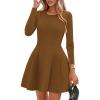 imagePRETTYGARDEN Long Sleeve Mini Dress for Women 2025 Fall Crewneck Knit Pleated Babydoll A Line Soft Casual Short Party DressesCoffee
