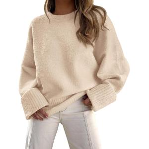 imagePRETTYGARDEN Womens Fall Oversized Sweaters Casual Crewneck Pullover Long Sleeve Fuzzy Chunky Knit Tops BlouseBeige