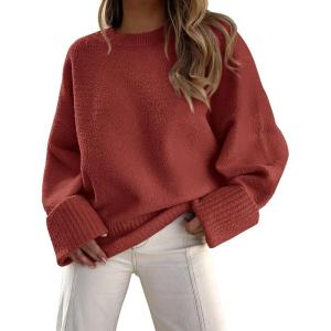 imagePRETTYGARDEN Womens Fall Oversized Sweaters Casual Crewneck Pullover Long Sleeve Fuzzy Chunky Knit Tops BlouseRust Red