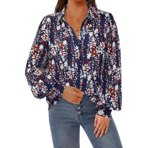 imagePRETTYGARDEN Womens Floral Blouses Dressy Casual V Neck Button Down Shirts Lantern Long Sleeve Boho Chiffon Fall Tops 2025Navy White Flower