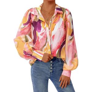 imagePRETTYGARDEN Womens Floral Blouses Dressy Casual V Neck Button Down Shirts Lantern Long Sleeve Boho Chiffon Fall Tops 2025Pink Watercolour
