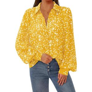 imagePRETTYGARDEN Womens Floral Blouses Dressy Casual V Neck Button Down Shirts Lantern Long Sleeve Boho Chiffon Fall Tops 2025Yellow