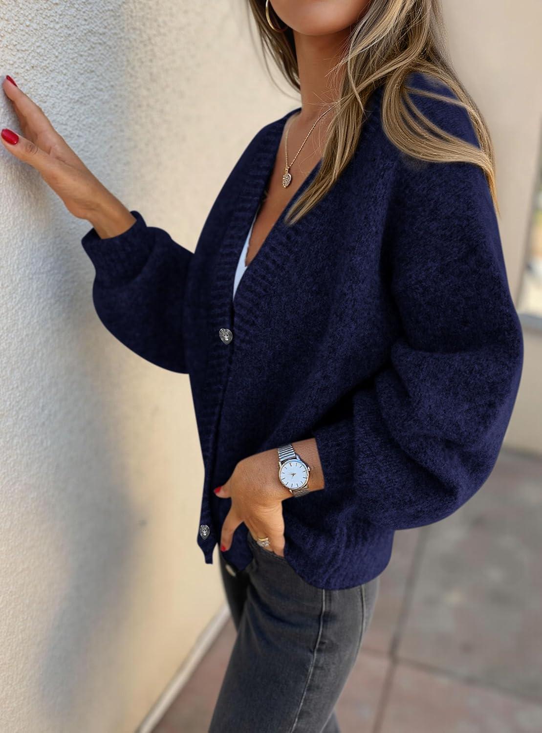 imagePRETTYGARDEN Cardigan Sweaters for Women Trendy Fall 2025 Long Sleeve Button Down Oversized Chunky Knit Sweater OuterwearRoyal Blue