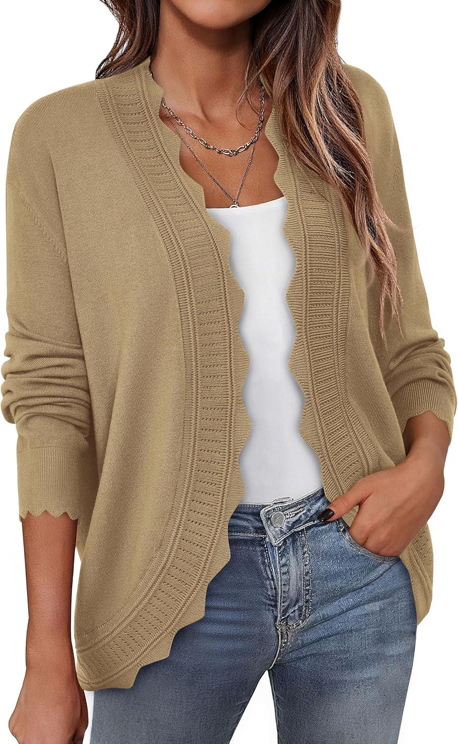 imagePRETTYGARDEN Cardigans for Women Lightweight Casual Long Sleeve Knitted Open Front Shrugs Sweaters 2025 Fall ClothesKhaki