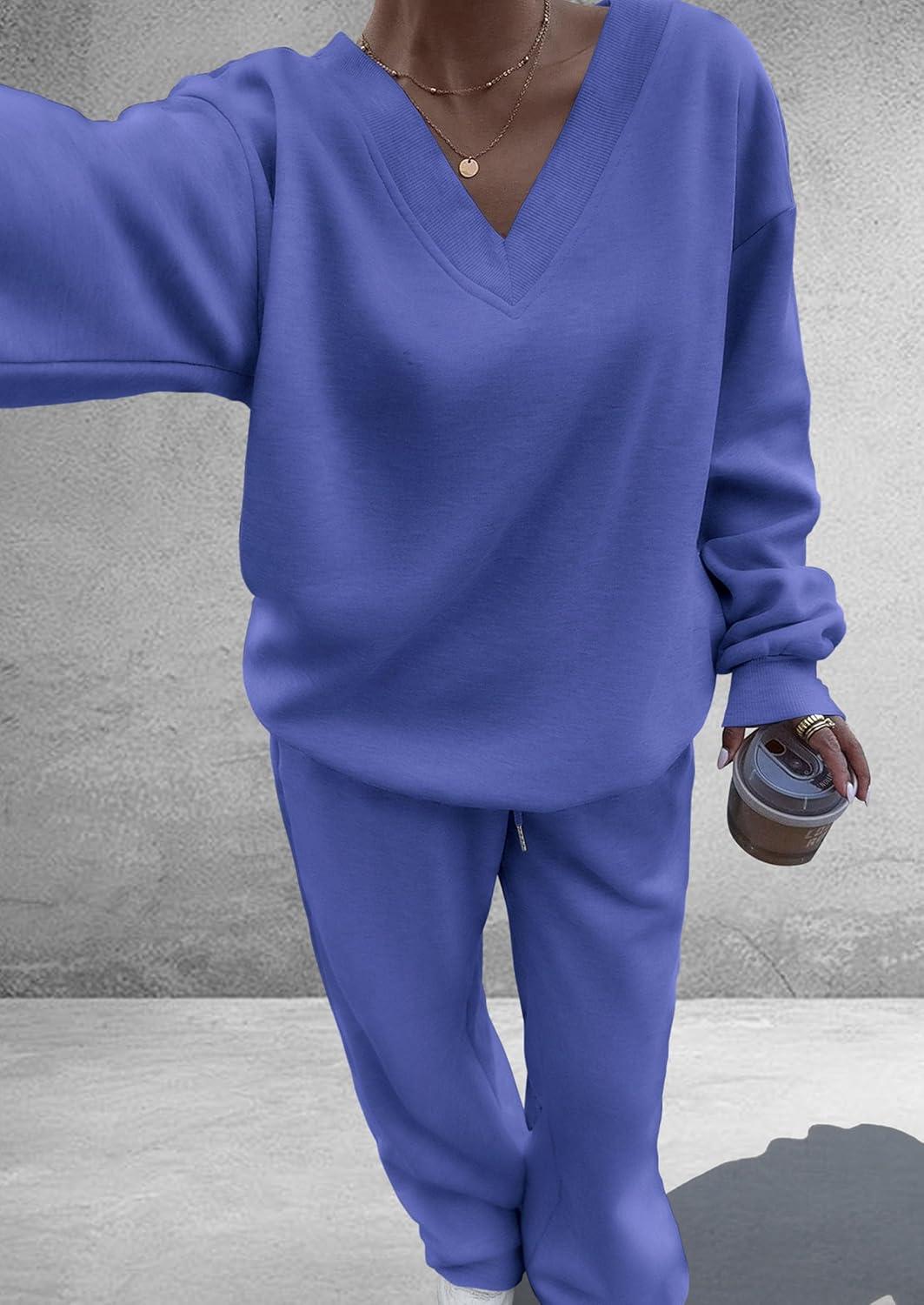 imagePRETTYGARDEN Casual Winter Two Piece Sets for Women 2025 V Neck Sweatshirt Loose Wide Leg Pants Tracksuit Knit Fall OutfitsBlue