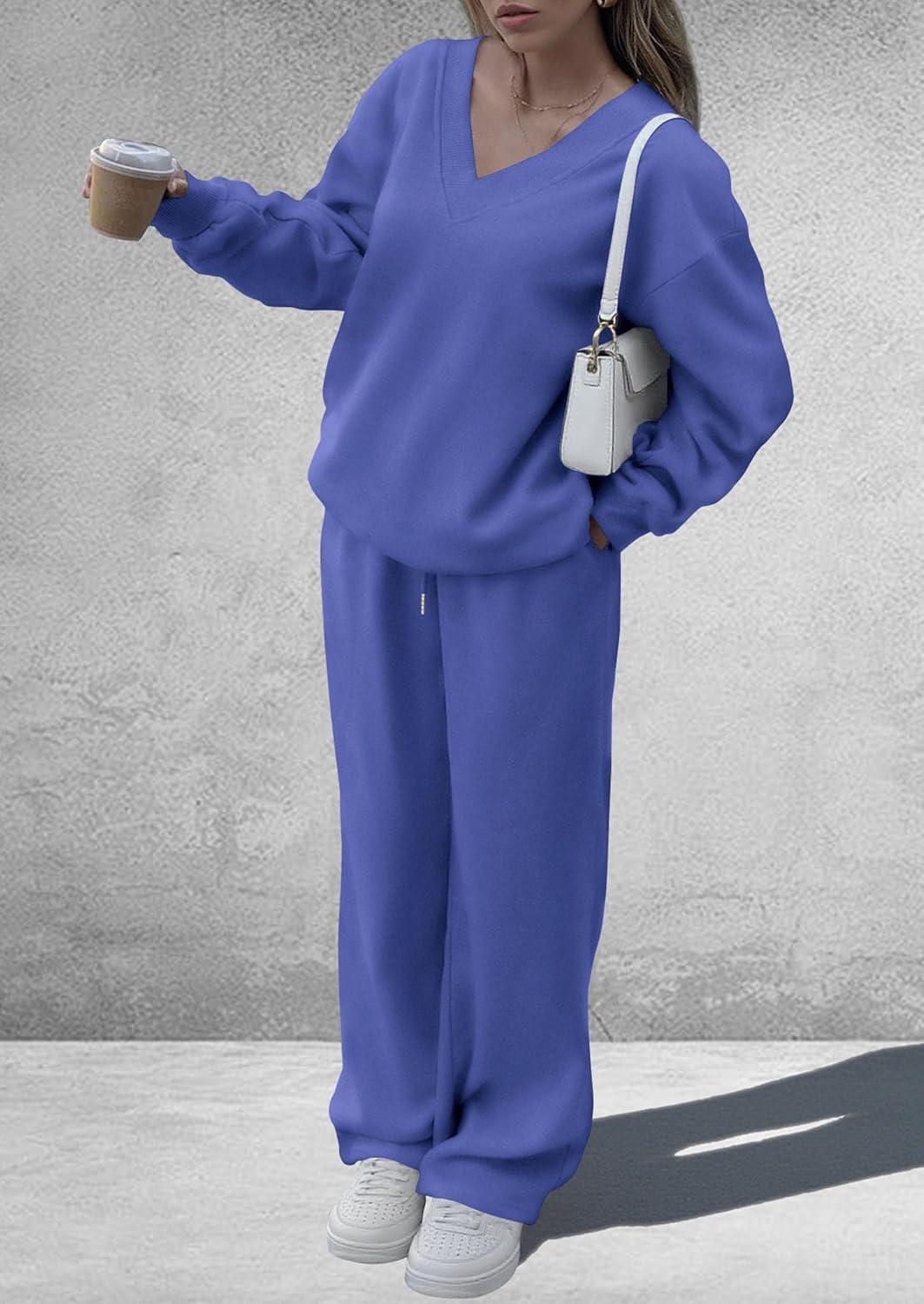 imagePRETTYGARDEN Casual Winter Two Piece Sets for Women 2025 V Neck Sweatshirt Loose Wide Leg Pants Tracksuit Knit Fall OutfitsBlue