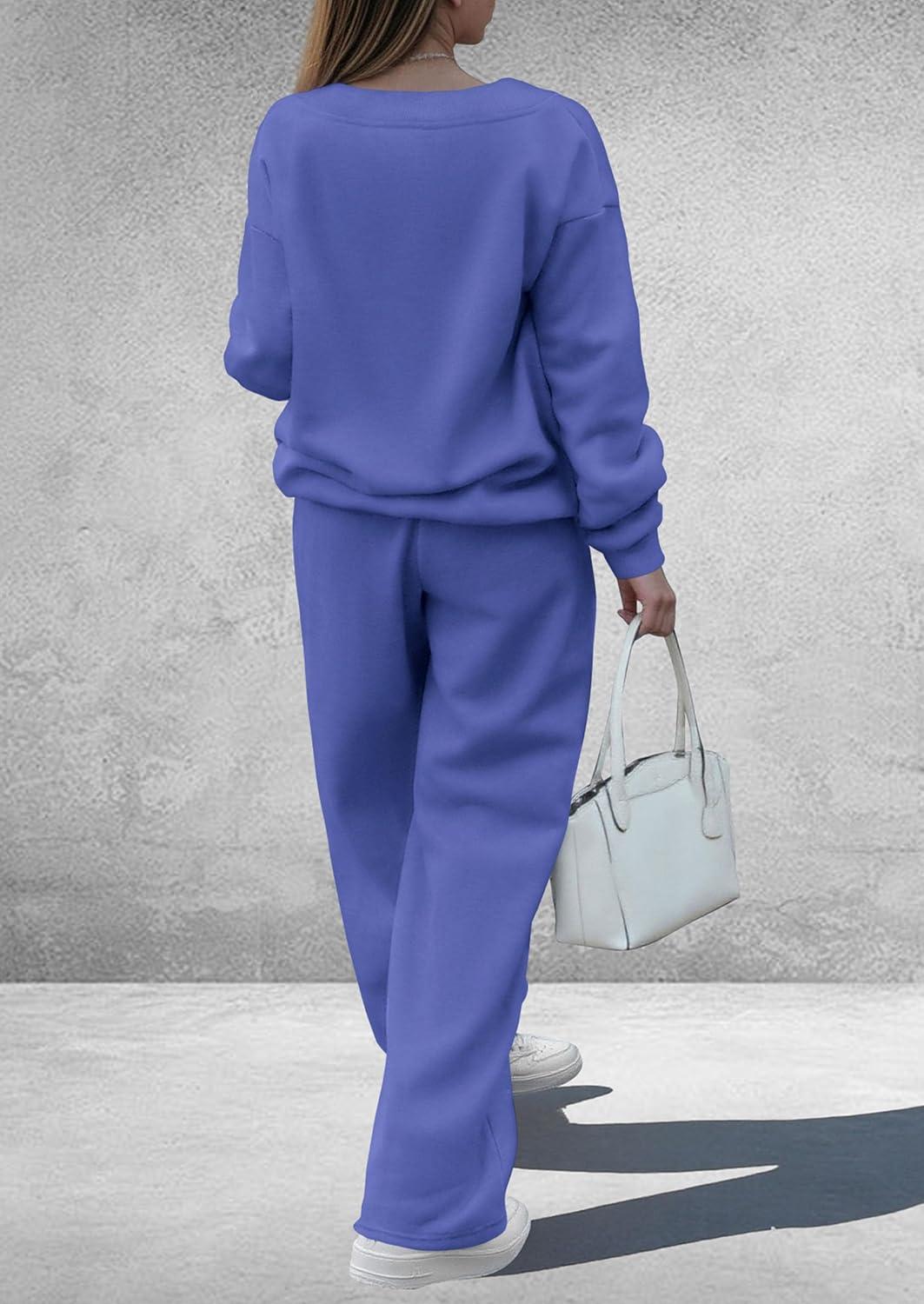 imagePRETTYGARDEN Casual Winter Two Piece Sets for Women 2025 V Neck Sweatshirt Loose Wide Leg Pants Tracksuit Knit Fall OutfitsBlue