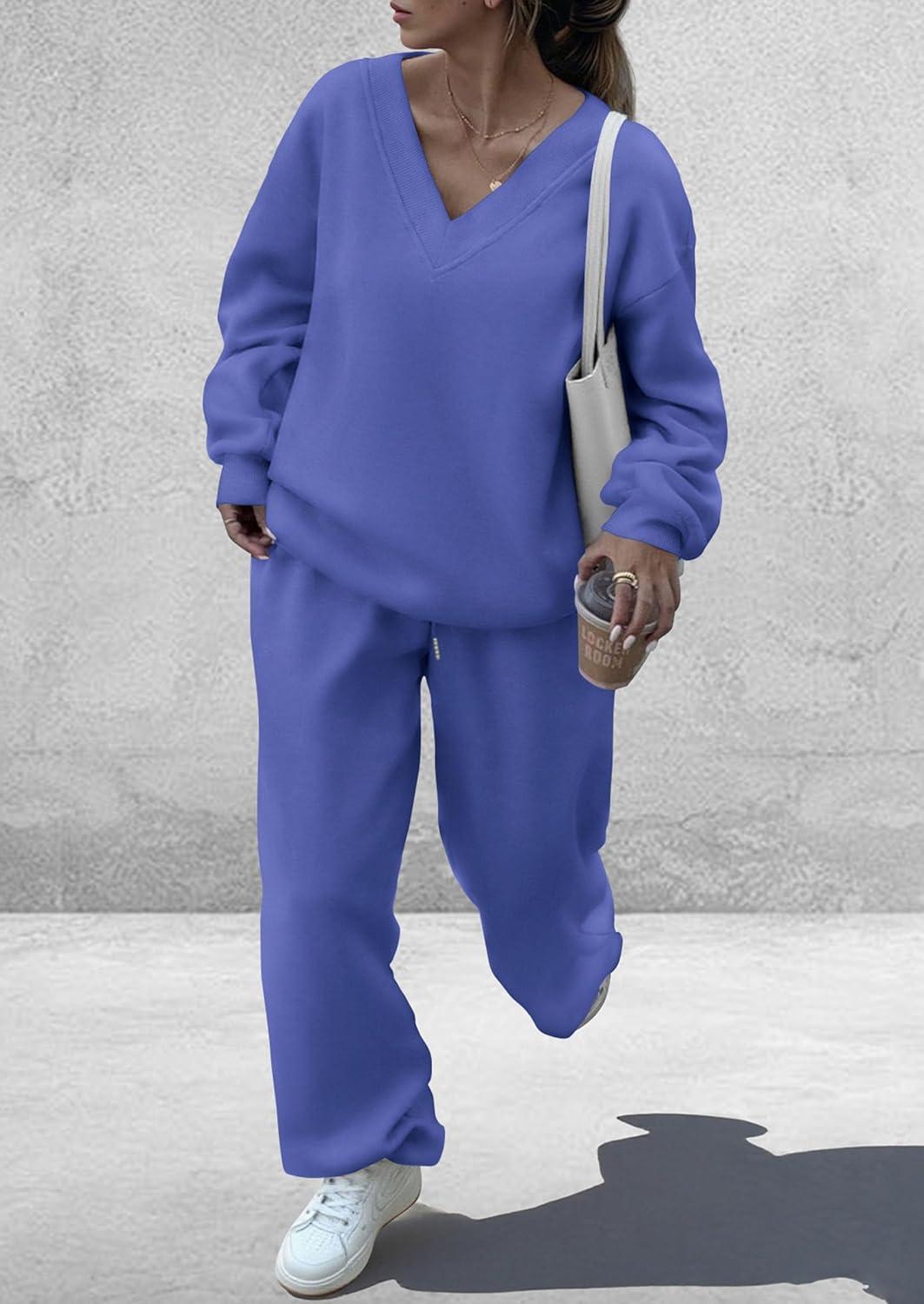 imagePRETTYGARDEN Casual Winter Two Piece Sets for Women 2025 V Neck Sweatshirt Loose Wide Leg Pants Tracksuit Knit Fall OutfitsBlue