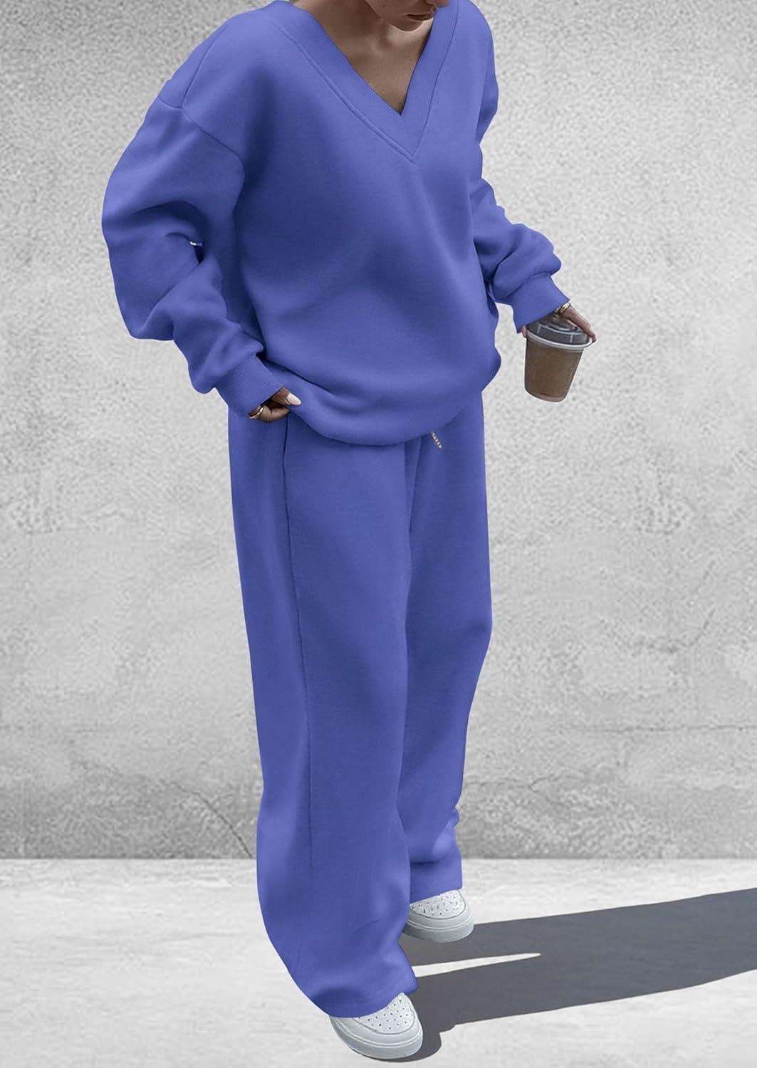 imagePRETTYGARDEN Casual Winter Two Piece Sets for Women 2025 V Neck Sweatshirt Loose Wide Leg Pants Tracksuit Knit Fall OutfitsBlue