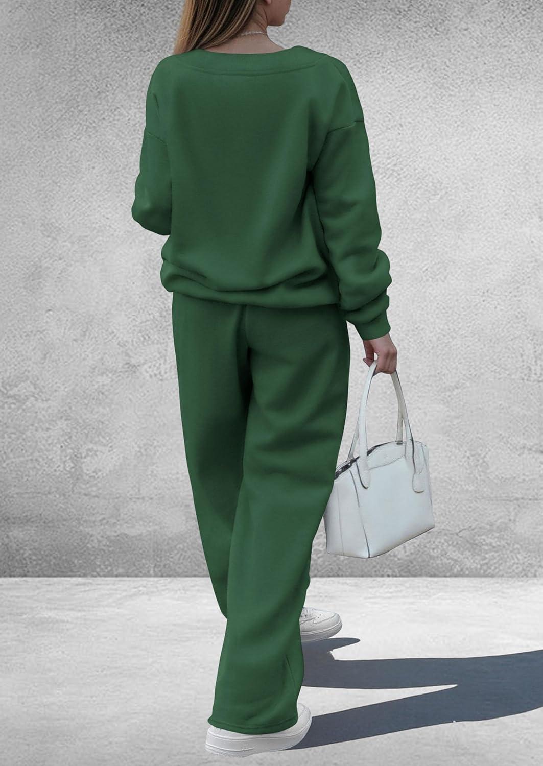 imagePRETTYGARDEN Casual Winter Two Piece Sets for Women 2025 V Neck Sweatshirt Loose Wide Leg Pants Tracksuit Knit Fall OutfitsDark Green