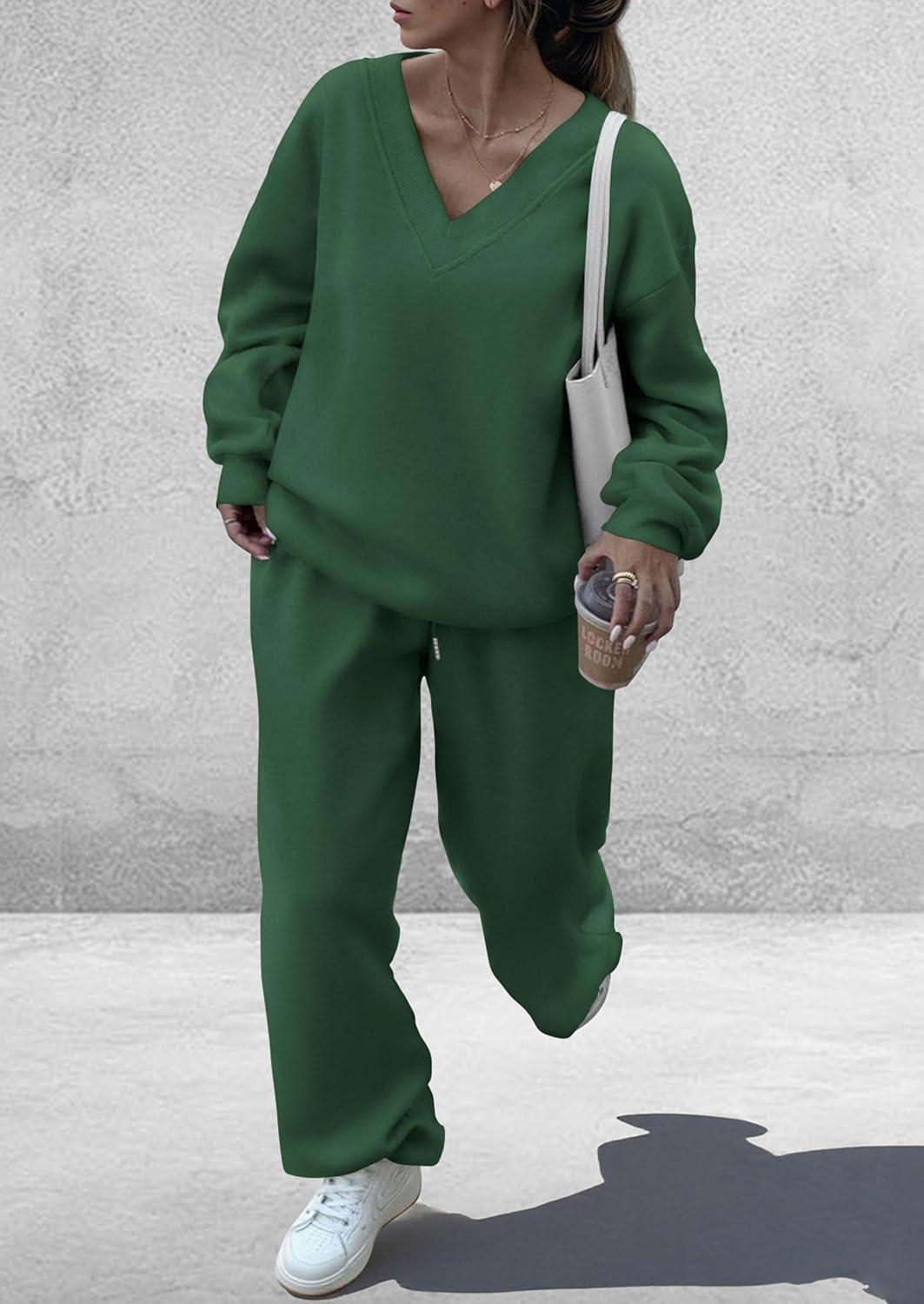 imagePRETTYGARDEN Casual Winter Two Piece Sets for Women 2025 V Neck Sweatshirt Loose Wide Leg Pants Tracksuit Knit Fall OutfitsDark Green