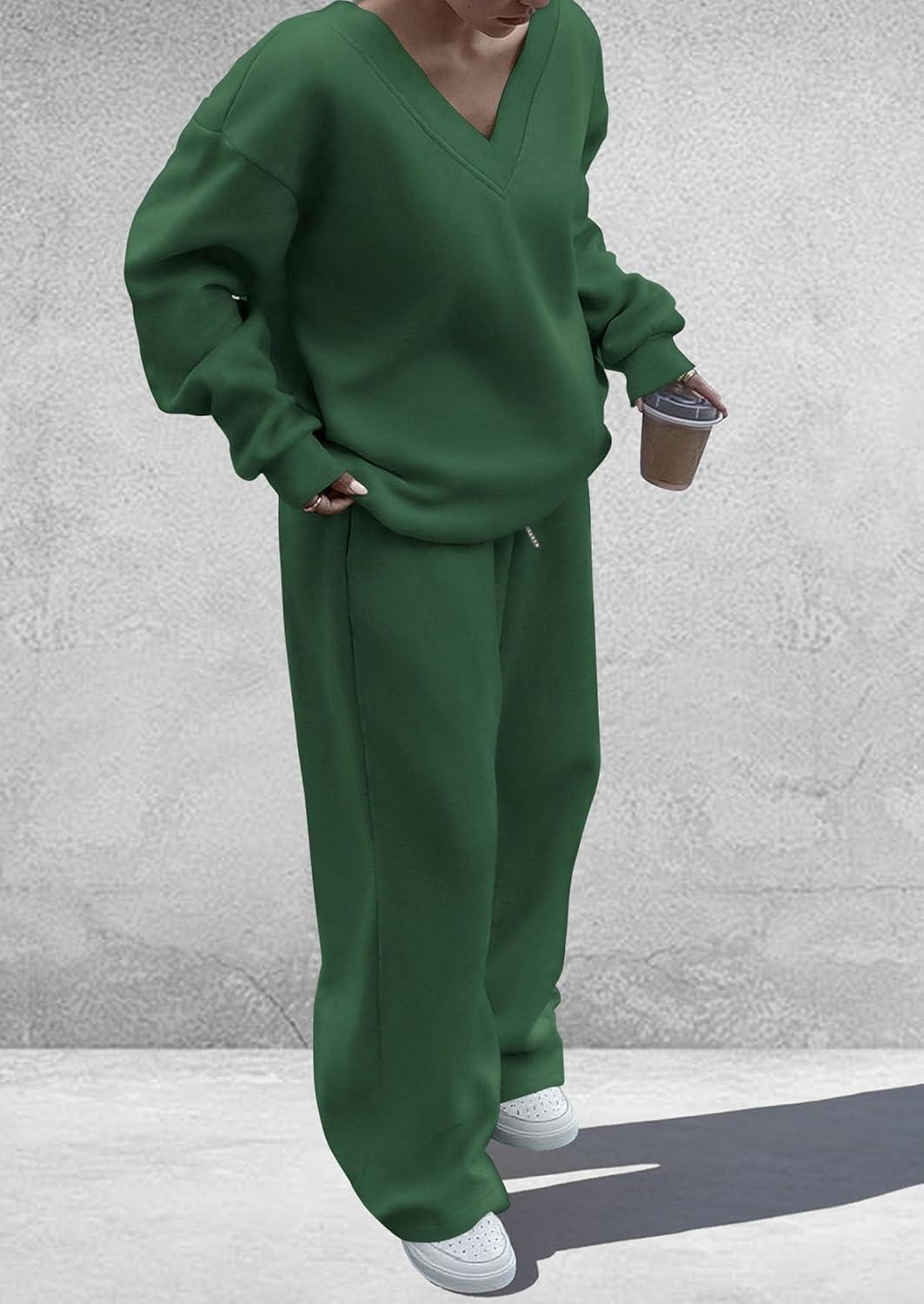 imagePRETTYGARDEN Casual Winter Two Piece Sets for Women 2025 V Neck Sweatshirt Loose Wide Leg Pants Tracksuit Knit Fall OutfitsDark Green