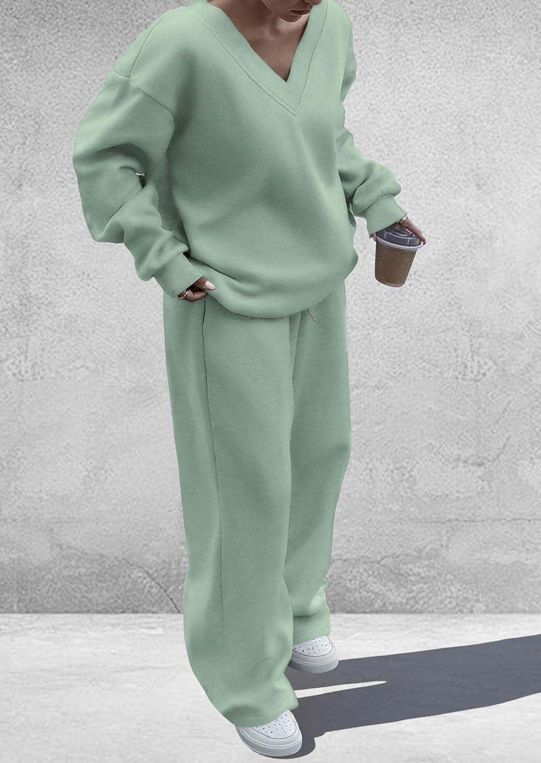 imagePRETTYGARDEN Casual Winter Two Piece Sets for Women 2025 V Neck Sweatshirt Loose Wide Leg Pants Tracksuit Knit Fall OutfitsGrey Green