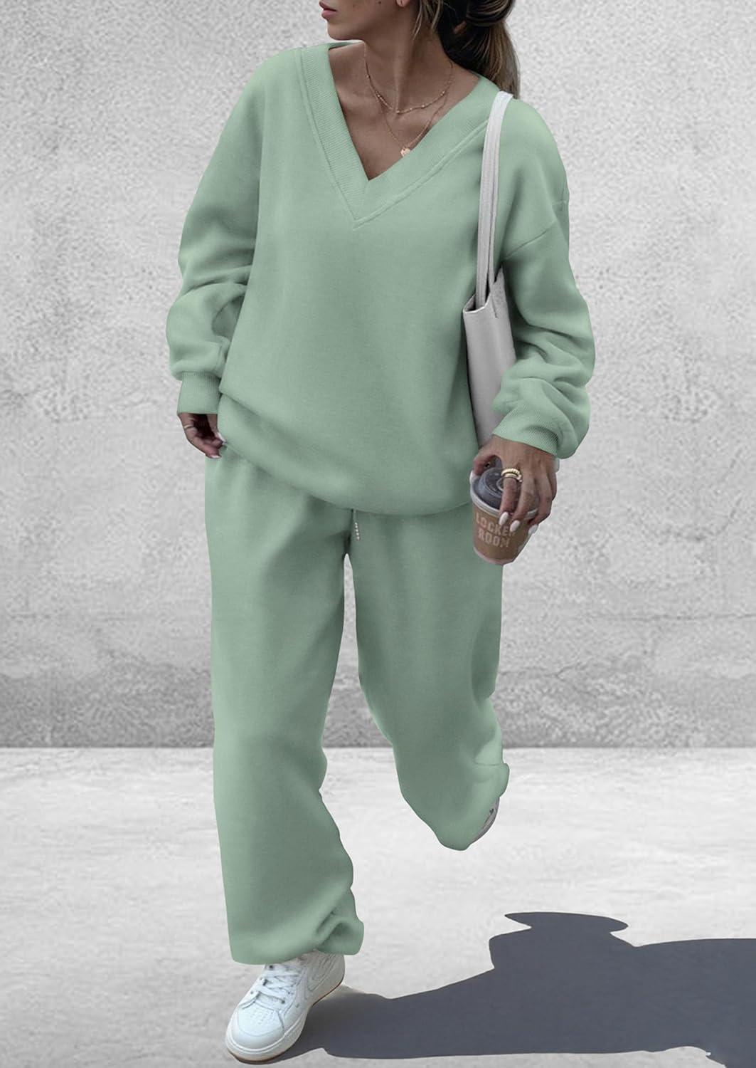 imagePRETTYGARDEN Casual Winter Two Piece Sets for Women 2025 V Neck Sweatshirt Loose Wide Leg Pants Tracksuit Knit Fall OutfitsGrey Green