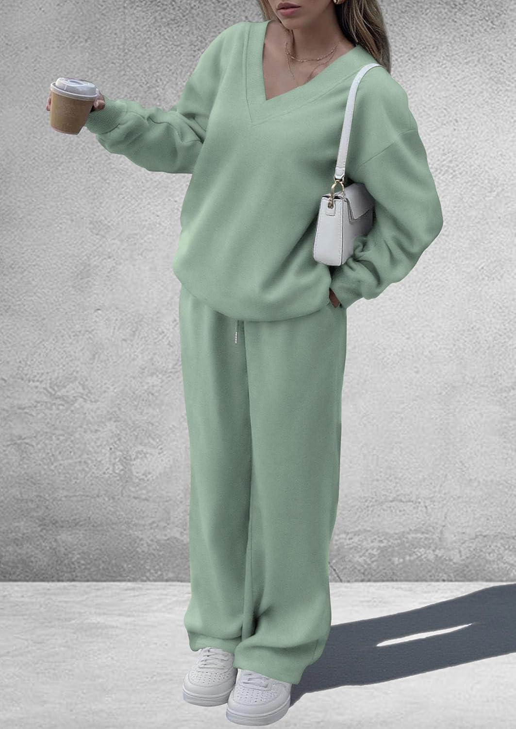 imagePRETTYGARDEN Casual Winter Two Piece Sets for Women 2025 V Neck Sweatshirt Loose Wide Leg Pants Tracksuit Knit Fall OutfitsGrey Green