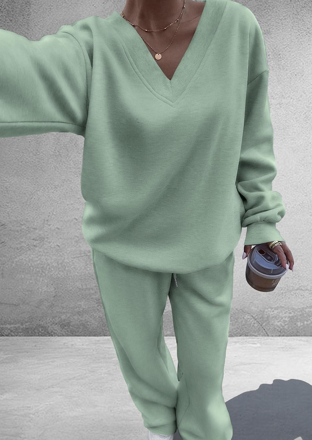 imagePRETTYGARDEN Casual Winter Two Piece Sets for Women 2025 V Neck Sweatshirt Loose Wide Leg Pants Tracksuit Knit Fall OutfitsGrey Green