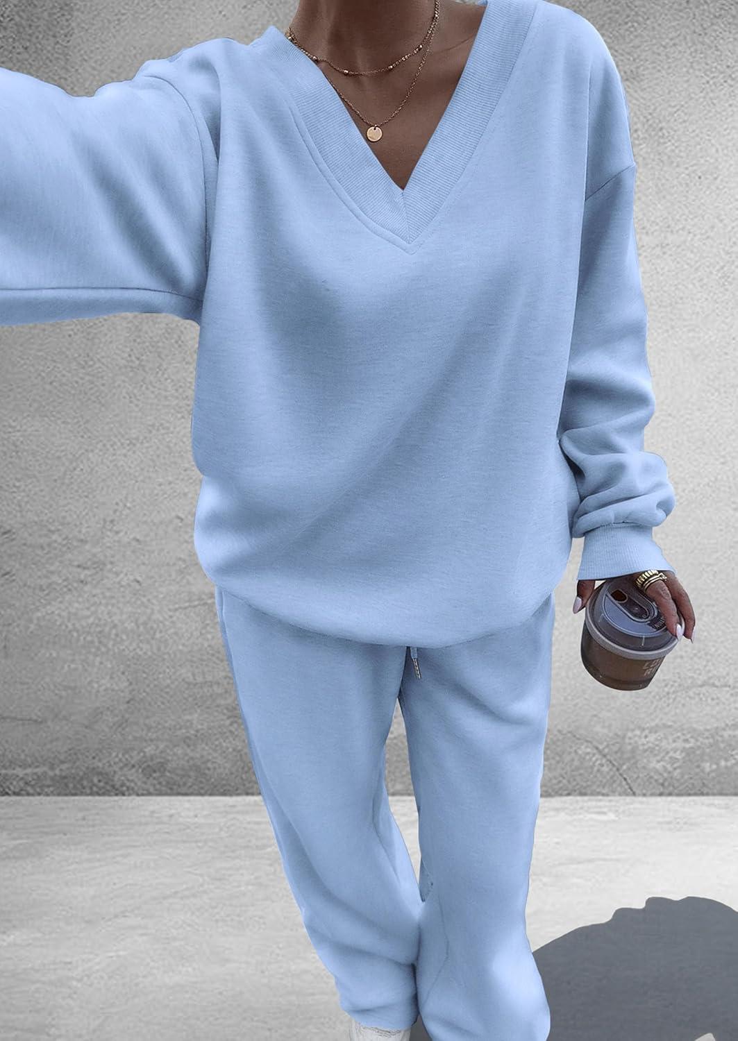 imagePRETTYGARDEN Casual Winter Two Piece Sets for Women 2025 V Neck Sweatshirt Loose Wide Leg Pants Tracksuit Knit Fall OutfitsLight Blue