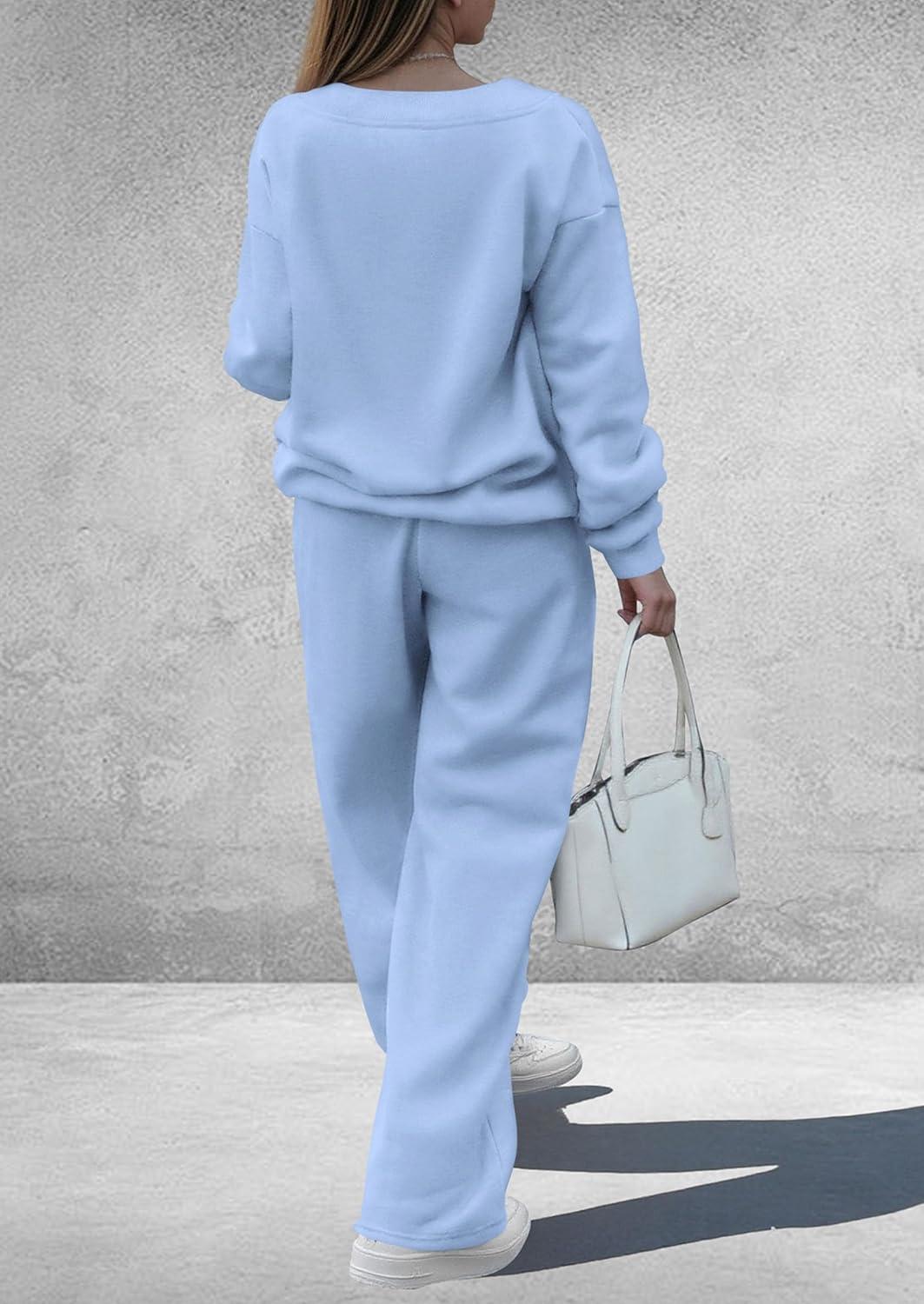 imagePRETTYGARDEN Casual Winter Two Piece Sets for Women 2025 V Neck Sweatshirt Loose Wide Leg Pants Tracksuit Knit Fall OutfitsLight Blue