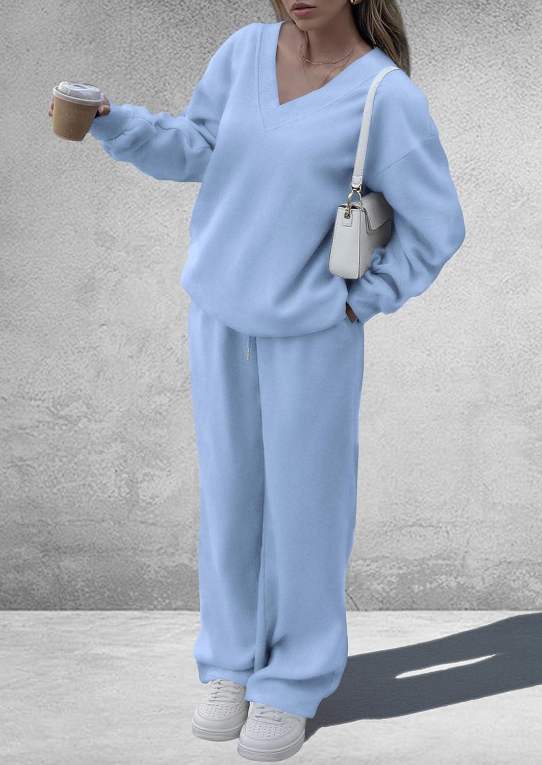 imagePRETTYGARDEN Casual Winter Two Piece Sets for Women 2025 V Neck Sweatshirt Loose Wide Leg Pants Tracksuit Knit Fall OutfitsLight Blue