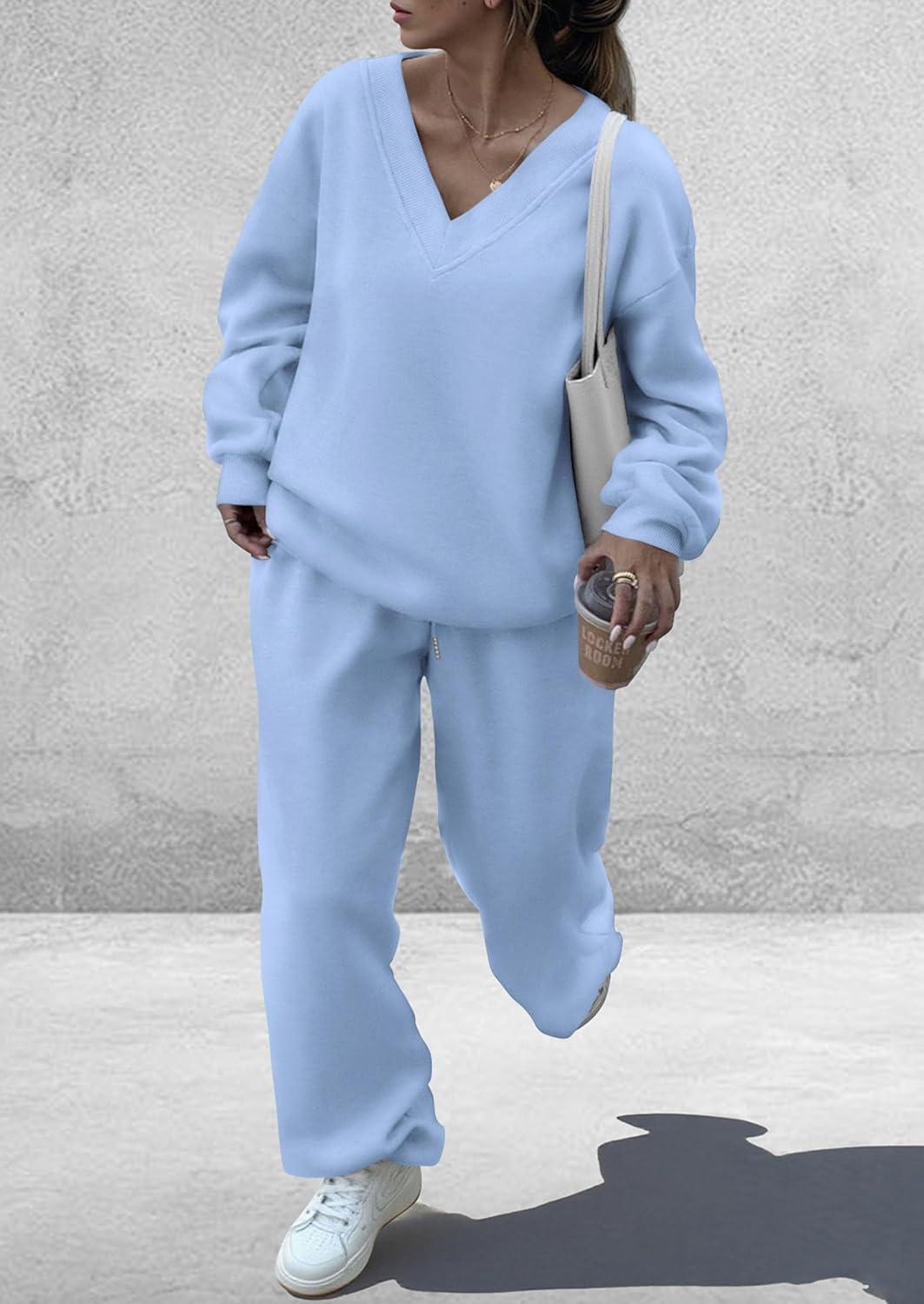 imagePRETTYGARDEN Casual Winter Two Piece Sets for Women 2025 V Neck Sweatshirt Loose Wide Leg Pants Tracksuit Knit Fall OutfitsLight Blue