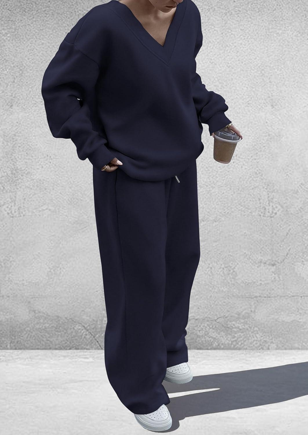 imagePRETTYGARDEN Casual Winter Two Piece Sets for Women 2025 V Neck Sweatshirt Loose Wide Leg Pants Tracksuit Knit Fall OutfitsNavy Blue