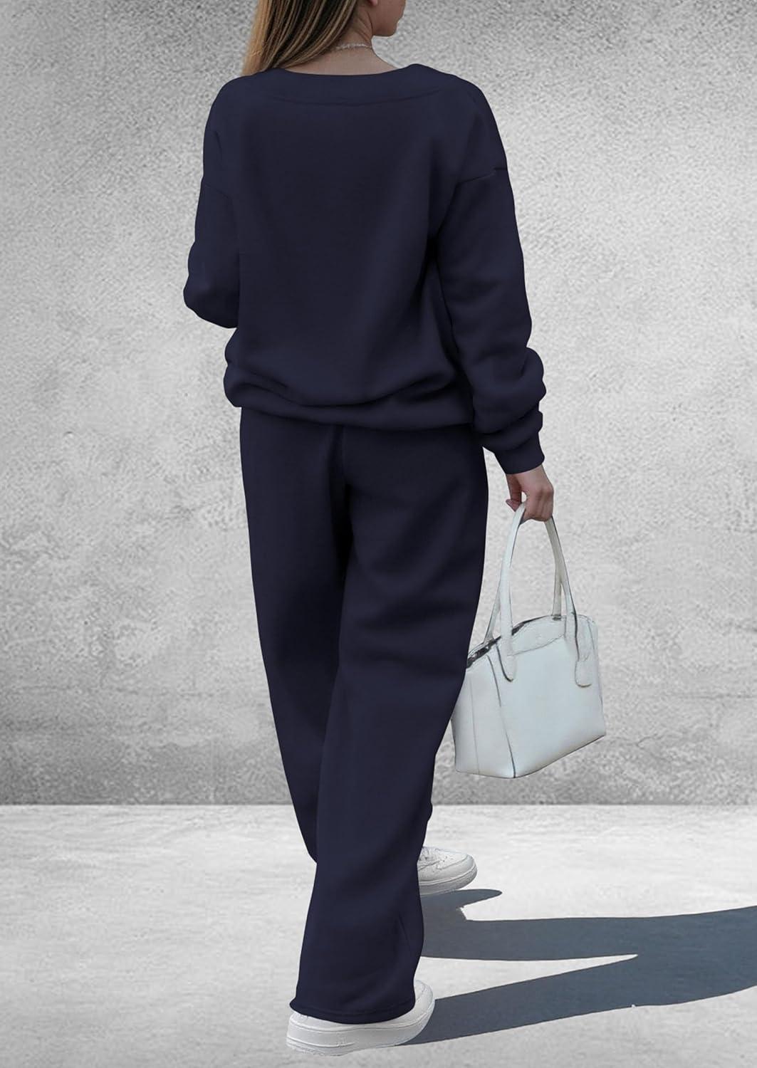 imagePRETTYGARDEN Casual Winter Two Piece Sets for Women 2025 V Neck Sweatshirt Loose Wide Leg Pants Tracksuit Knit Fall OutfitsNavy Blue