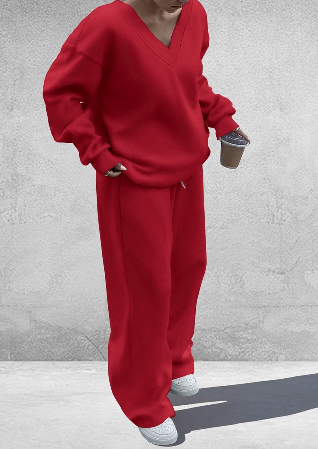 imagePRETTYGARDEN Casual Winter Two Piece Sets for Women 2025 V Neck Sweatshirt Loose Wide Leg Pants Tracksuit Knit Fall OutfitsRed