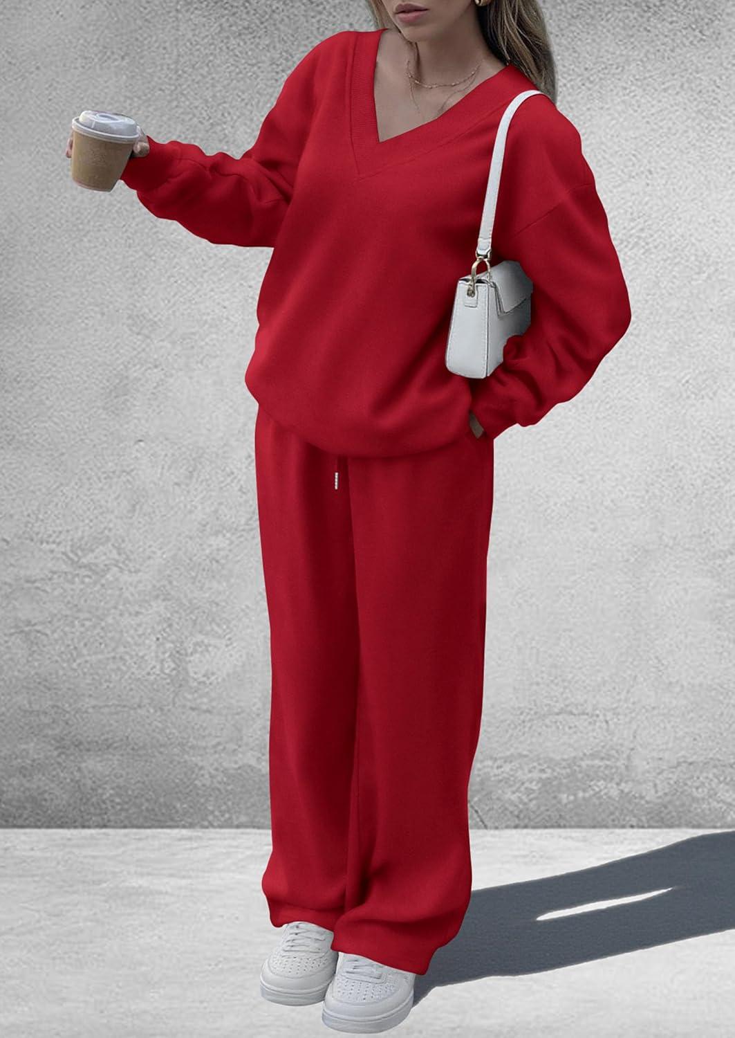 imagePRETTYGARDEN Casual Winter Two Piece Sets for Women 2025 V Neck Sweatshirt Loose Wide Leg Pants Tracksuit Knit Fall OutfitsRed