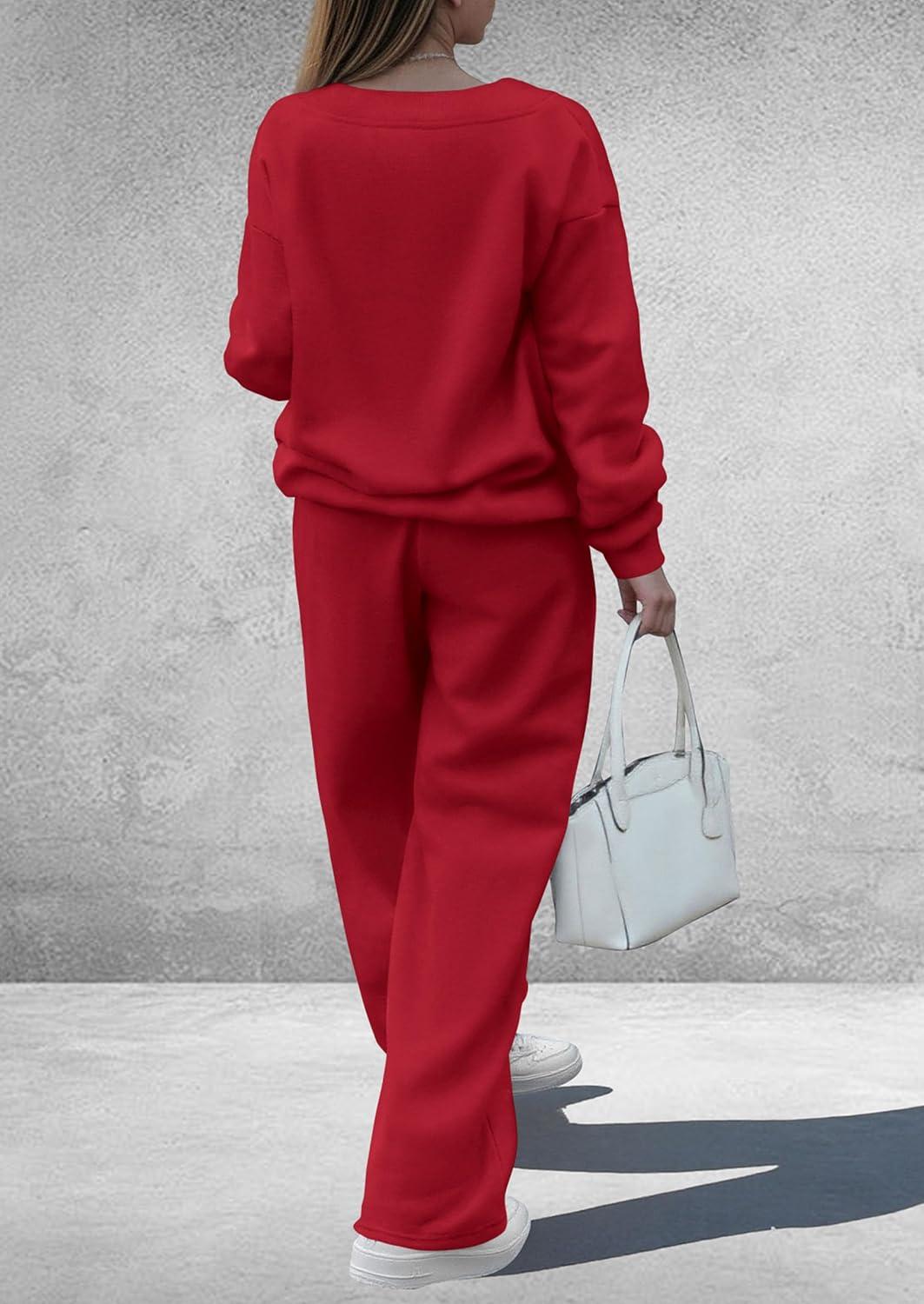 imagePRETTYGARDEN Casual Winter Two Piece Sets for Women 2025 V Neck Sweatshirt Loose Wide Leg Pants Tracksuit Knit Fall OutfitsRed