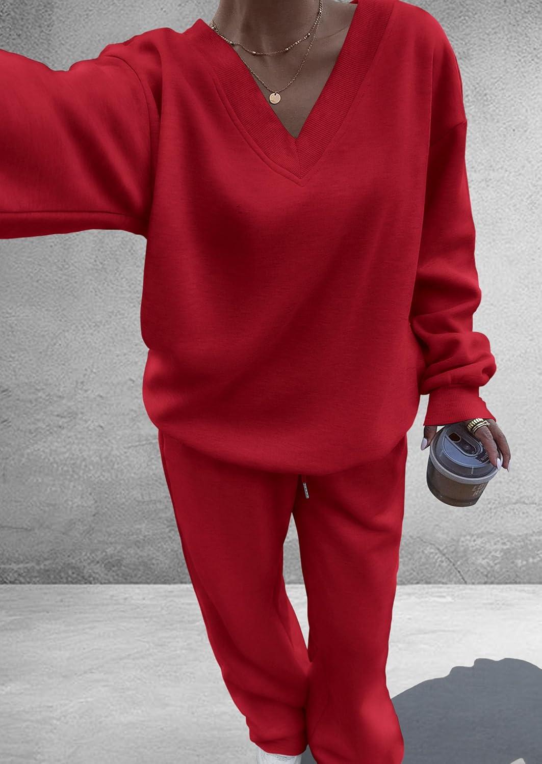 imagePRETTYGARDEN Casual Winter Two Piece Sets for Women 2025 V Neck Sweatshirt Loose Wide Leg Pants Tracksuit Knit Fall OutfitsRed