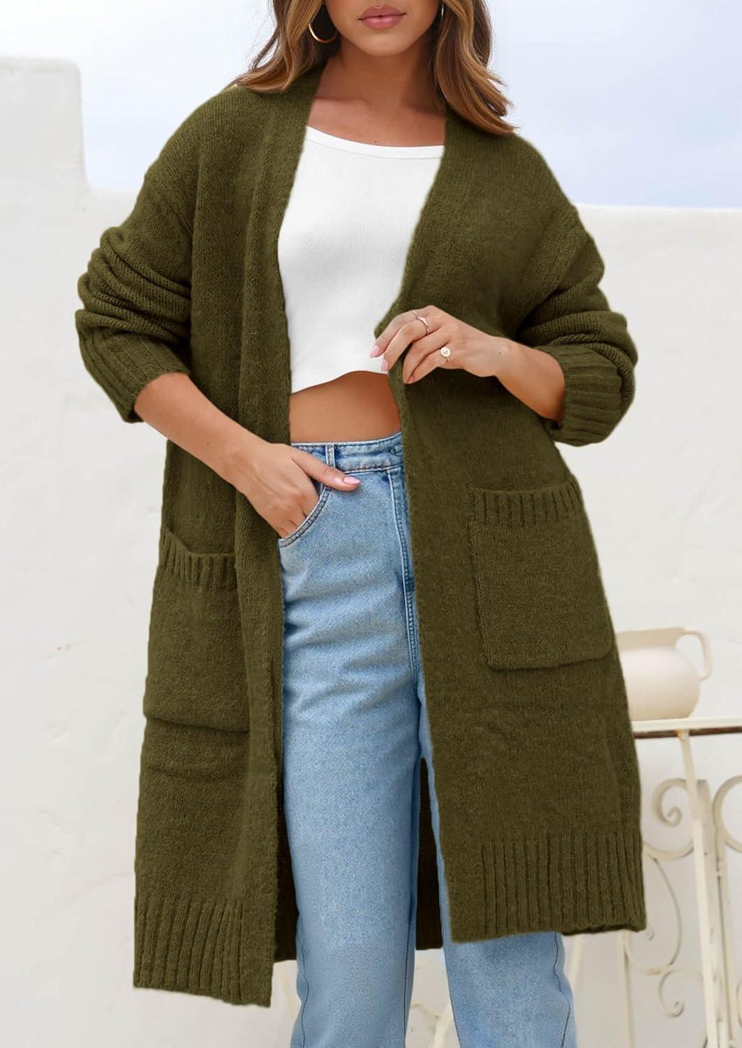 imagePRETTYGARDEN Fall Long Sleeve Cardigan Sweaters for Women 2025 Trendy Winter Open Front Loose Knitted Cardigans with PocketsArmy Green