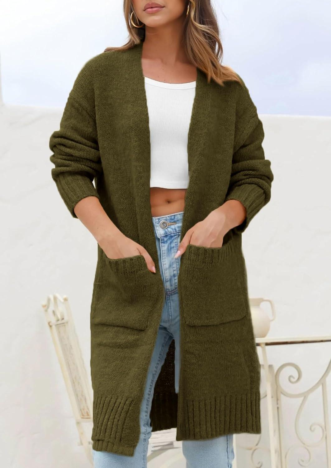 imagePRETTYGARDEN Fall Long Sleeve Cardigan Sweaters for Women 2025 Trendy Winter Open Front Loose Knitted Cardigans with PocketsArmy Green