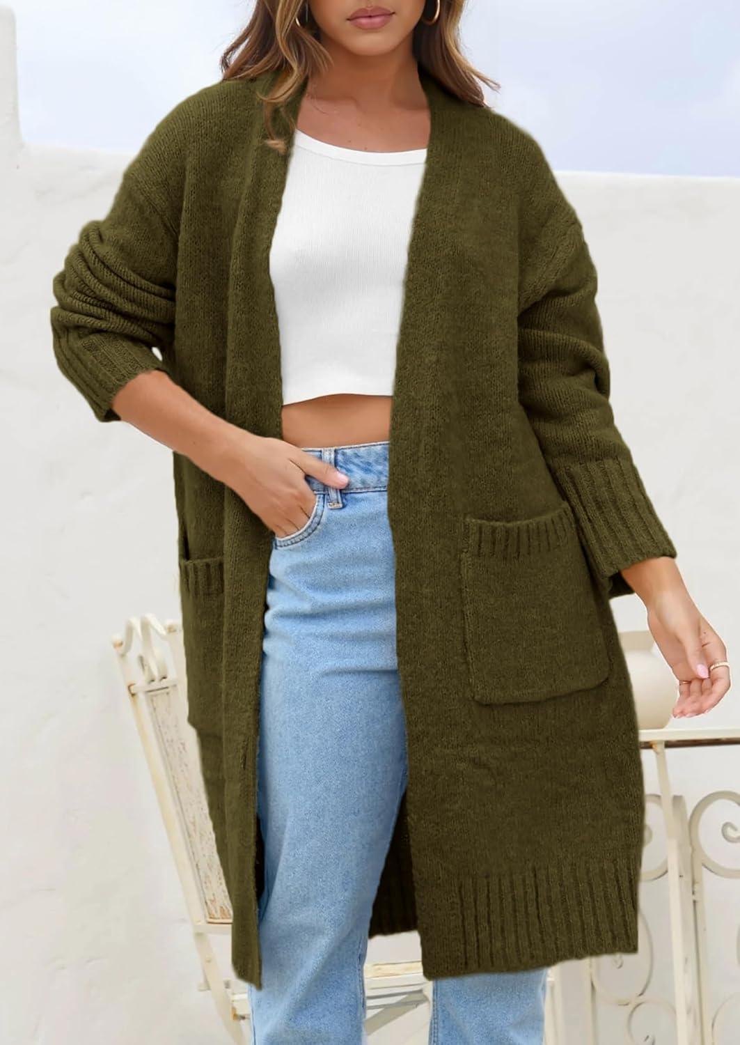 imagePRETTYGARDEN Fall Long Sleeve Cardigan Sweaters for Women 2025 Trendy Winter Open Front Loose Knitted Cardigans with PocketsArmy Green