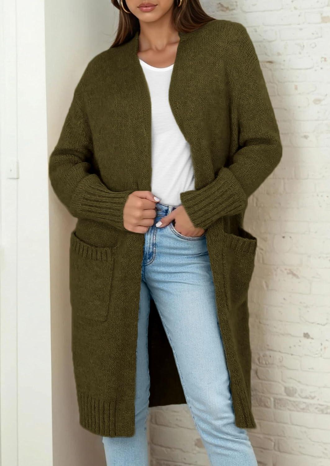 imagePRETTYGARDEN Fall Long Sleeve Cardigan Sweaters for Women 2025 Trendy Winter Open Front Loose Knitted Cardigans with PocketsArmy Green