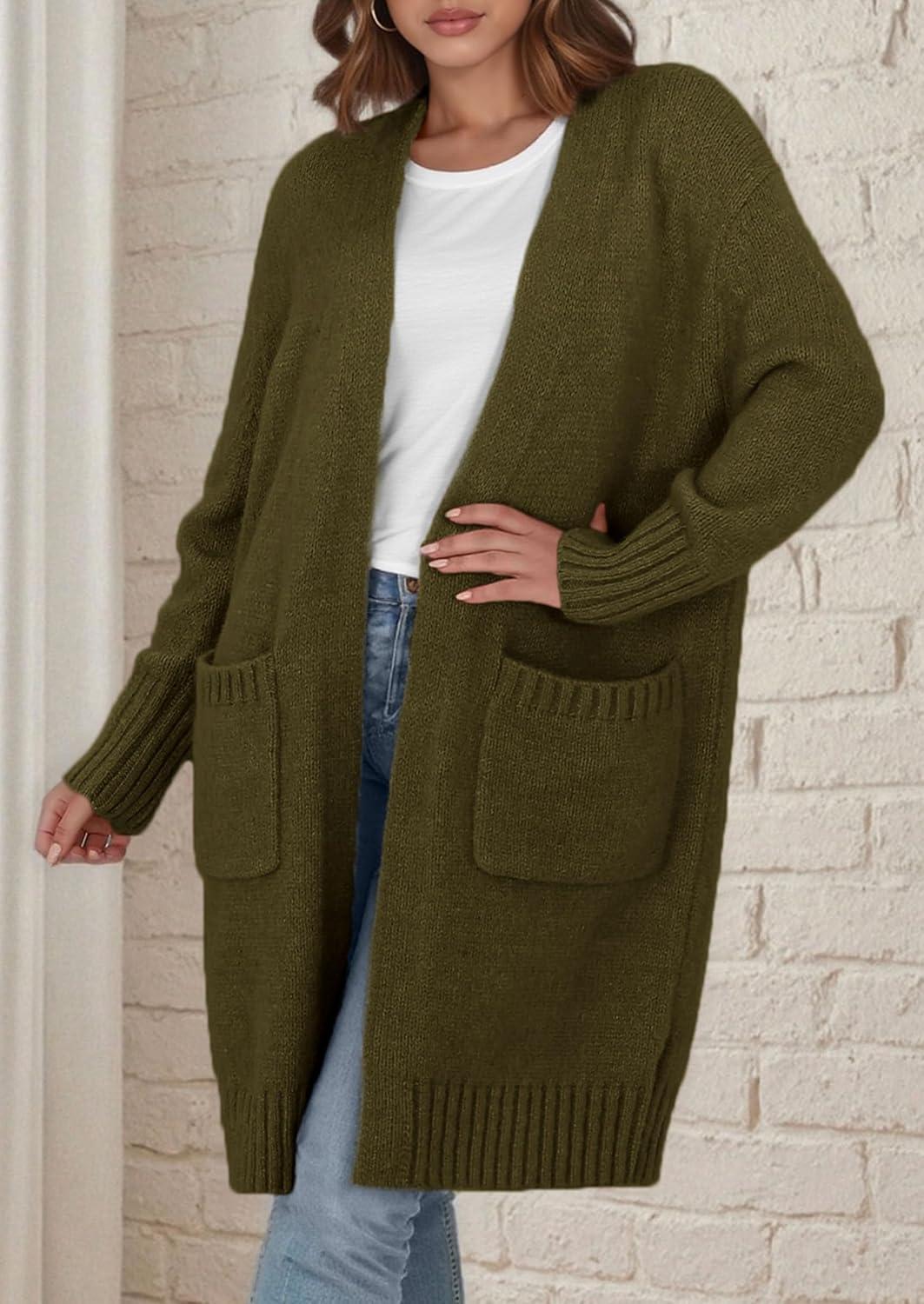 imagePRETTYGARDEN Fall Long Sleeve Cardigan Sweaters for Women 2025 Trendy Winter Open Front Loose Knitted Cardigans with PocketsArmy Green