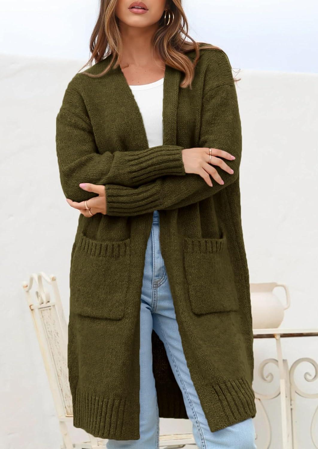 imagePRETTYGARDEN Fall Long Sleeve Cardigan Sweaters for Women 2025 Trendy Winter Open Front Loose Knitted Cardigans with PocketsArmy Green