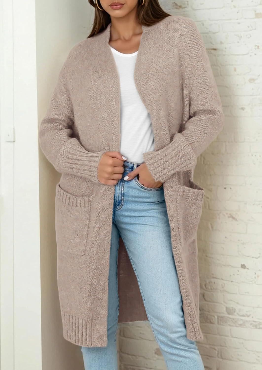 imagePRETTYGARDEN Fall Long Sleeve Cardigan Sweaters for Women 2025 Trendy Winter Open Front Loose Knitted Cardigans with PocketsBeige Grey