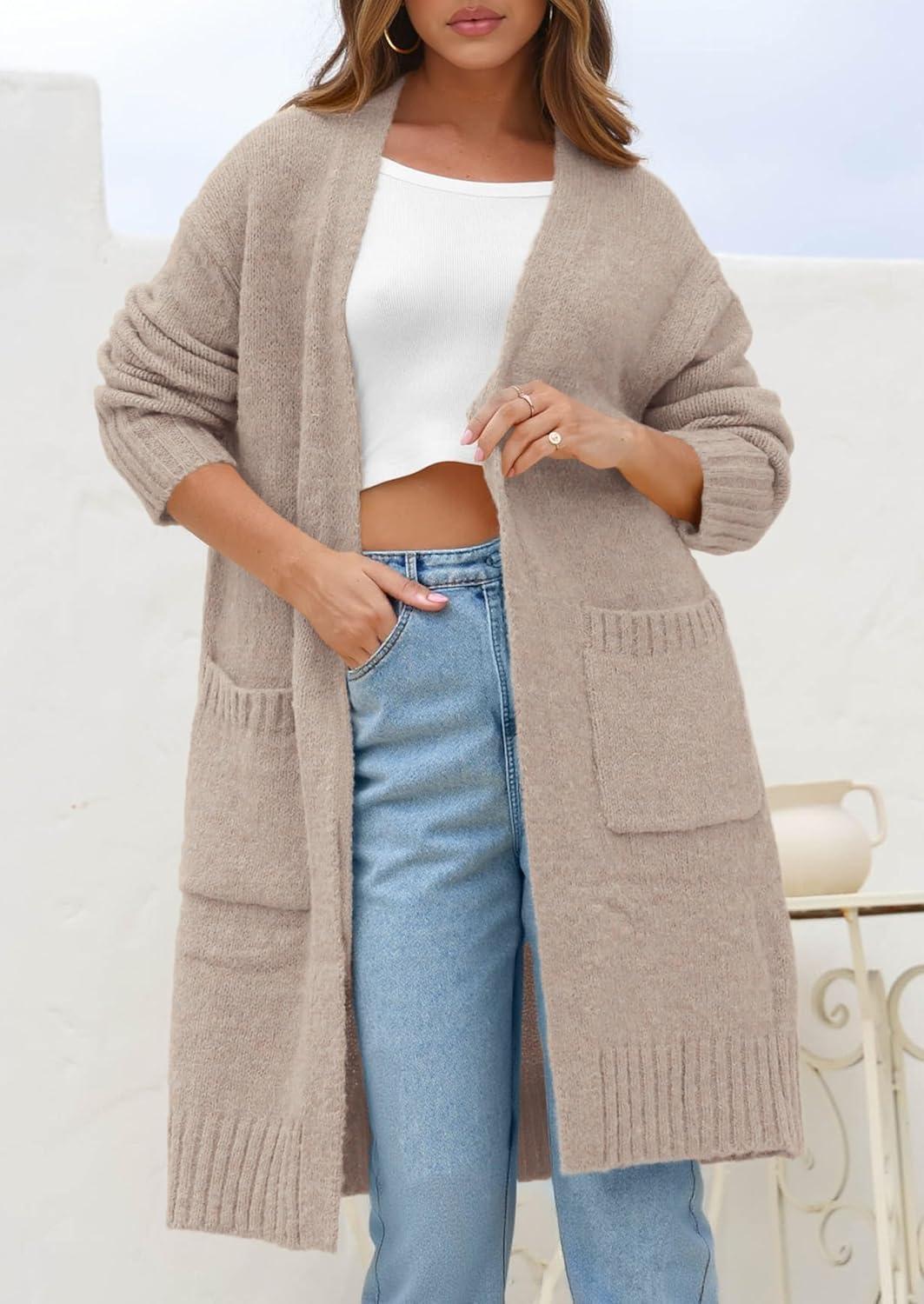 imagePRETTYGARDEN Fall Long Sleeve Cardigan Sweaters for Women 2025 Trendy Winter Open Front Loose Knitted Cardigans with PocketsBeige Grey