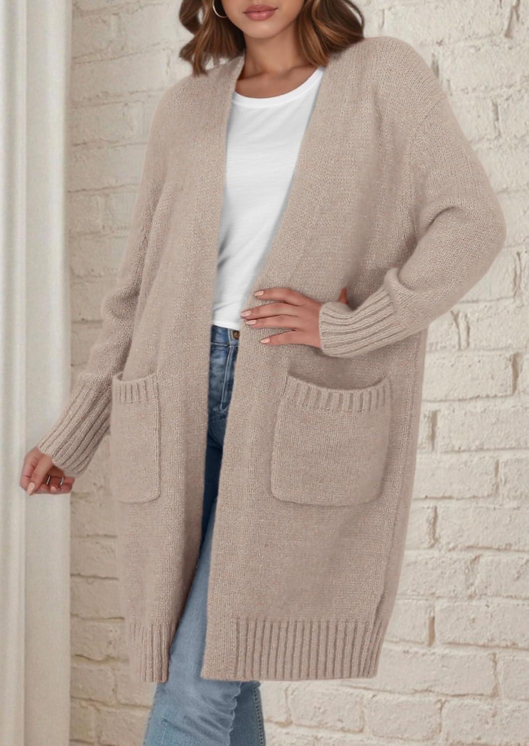 imagePRETTYGARDEN Fall Long Sleeve Cardigan Sweaters for Women 2025 Trendy Winter Open Front Loose Knitted Cardigans with PocketsBeige Grey