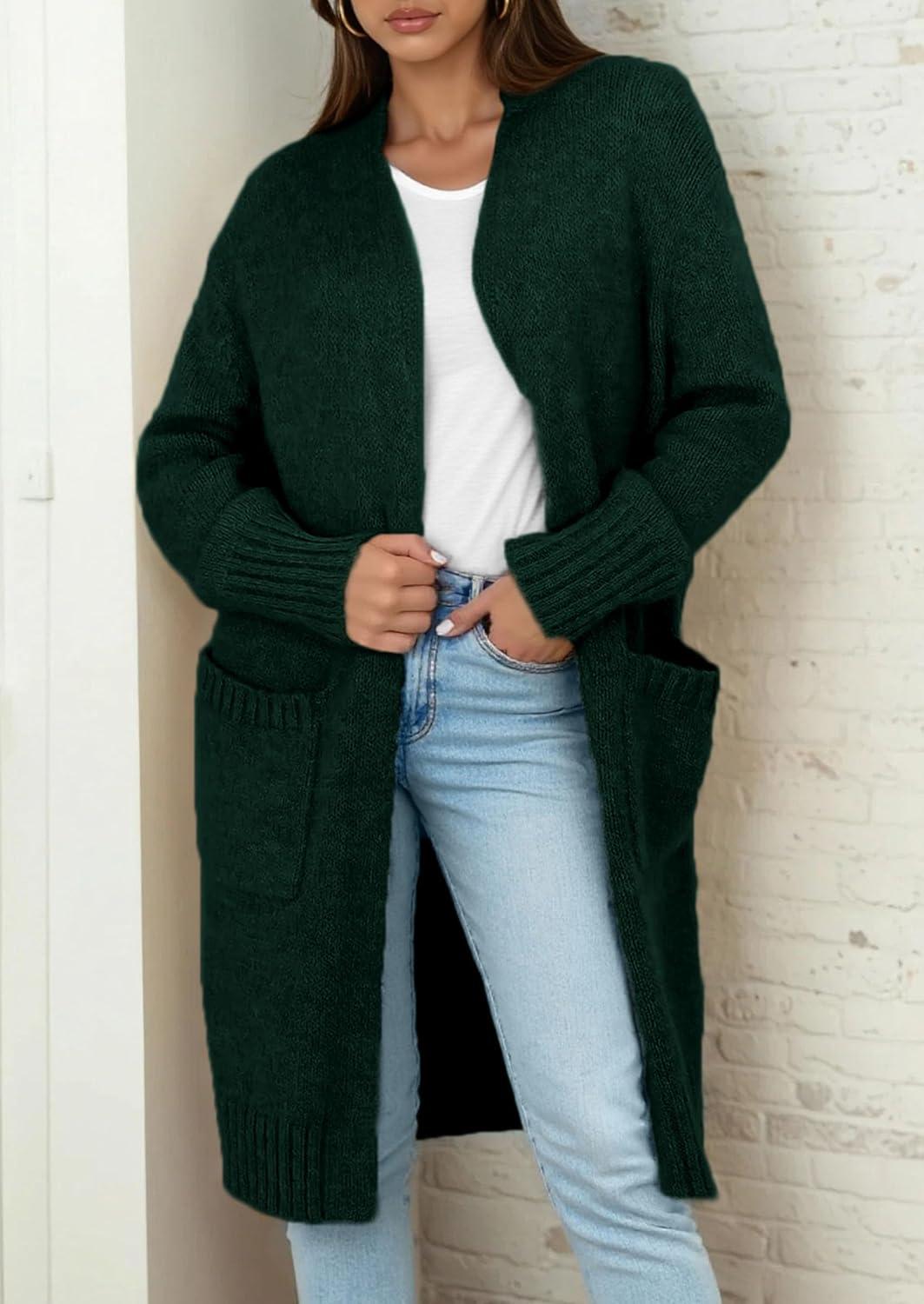 imagePRETTYGARDEN Fall Long Sleeve Cardigan Sweaters for Women 2025 Trendy Winter Open Front Loose Knitted Cardigans with PocketsDark Green