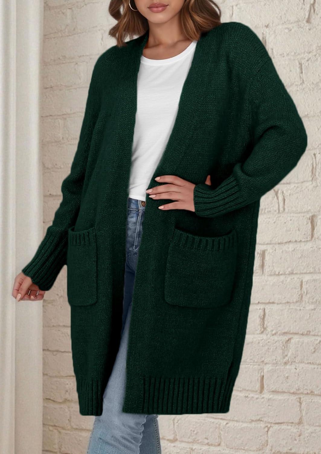 imagePRETTYGARDEN Fall Long Sleeve Cardigan Sweaters for Women 2025 Trendy Winter Open Front Loose Knitted Cardigans with PocketsDark Green