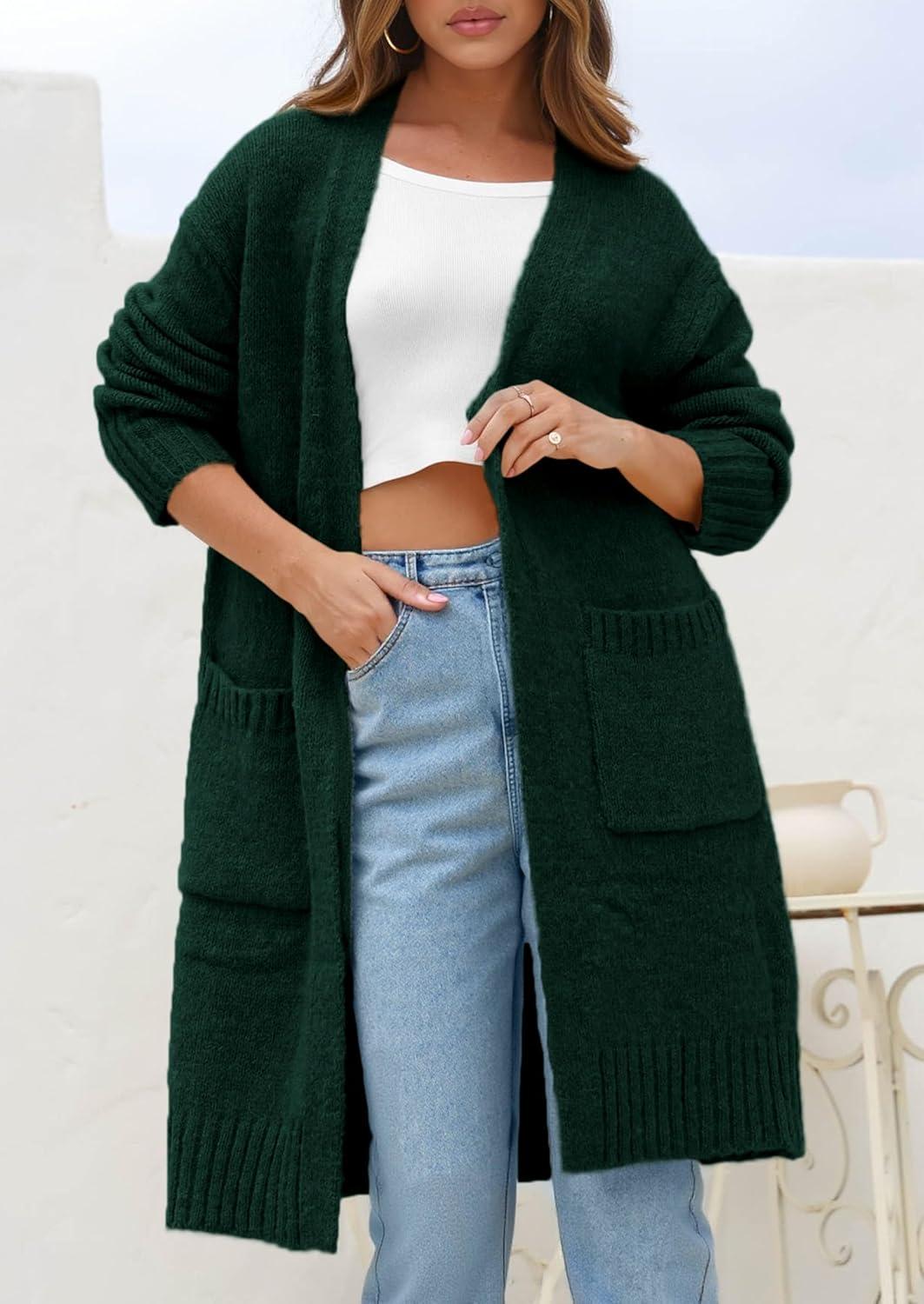 imagePRETTYGARDEN Fall Long Sleeve Cardigan Sweaters for Women 2025 Trendy Winter Open Front Loose Knitted Cardigans with PocketsDark Green