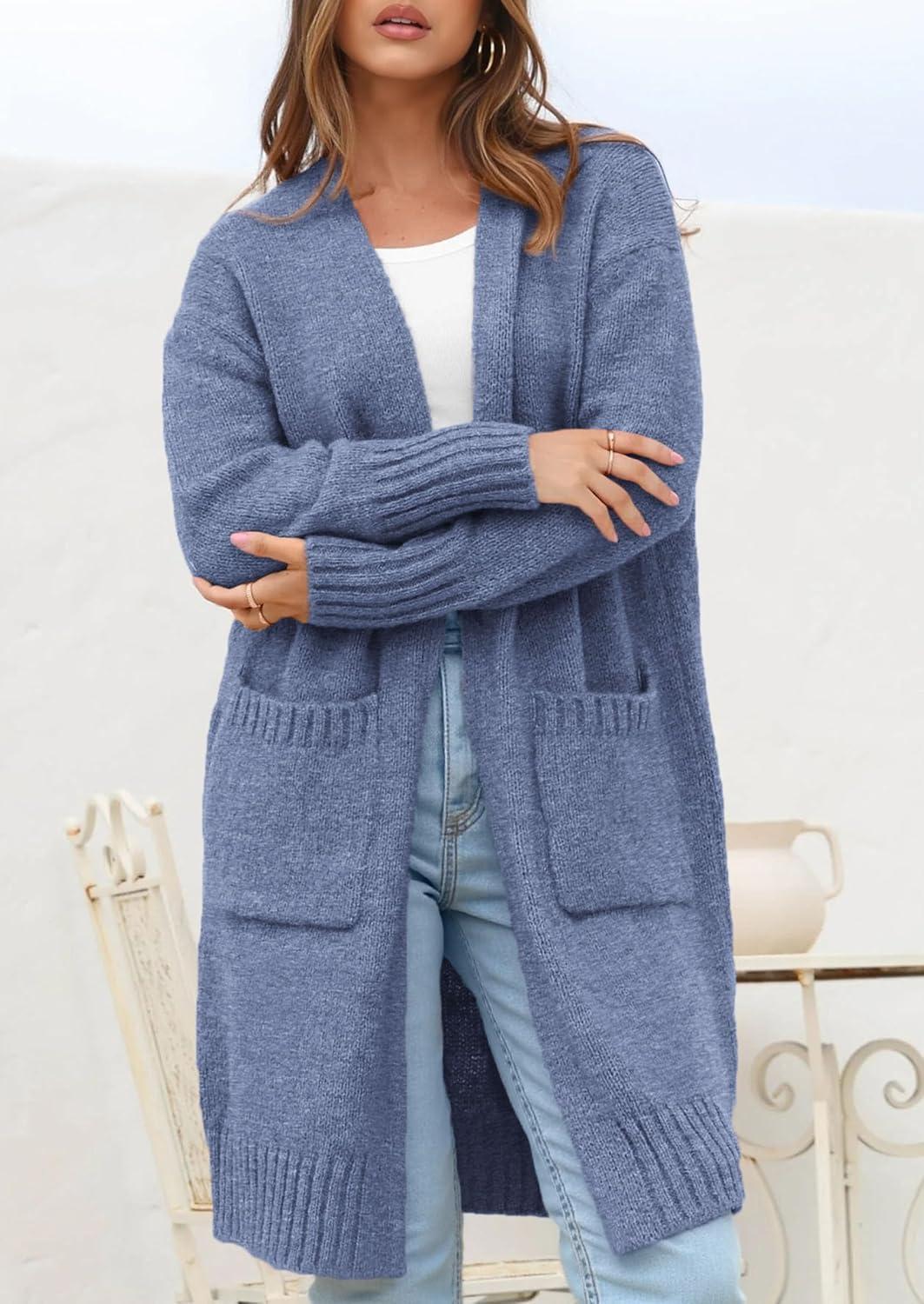 imagePRETTYGARDEN Fall Long Sleeve Cardigan Sweaters for Women 2025 Trendy Winter Open Front Loose Knitted Cardigans with PocketsGrey Blue