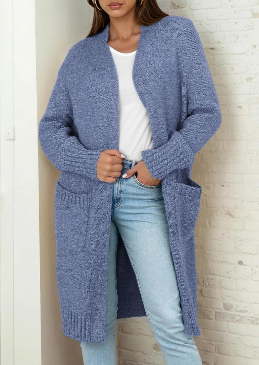 imagePRETTYGARDEN Fall Long Sleeve Cardigan Sweaters for Women 2025 Trendy Winter Open Front Loose Knitted Cardigans with PocketsGrey Blue